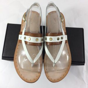 Frye 8.5 Avery White Brown Thong Buckle Sandals